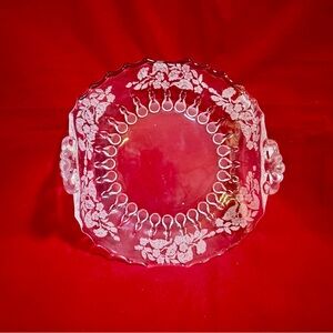 Vtg Glass Serving Plate Candy Dish 6.75 "  Handles Curved Upwards ETCHED Floral